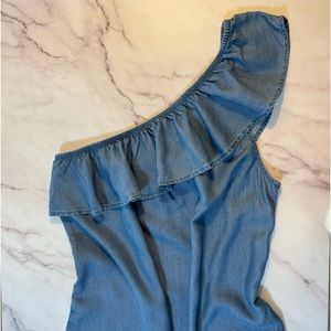 One Shoulder Ruffled Denim Top